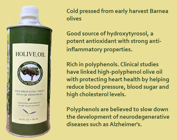 Olive oil rich in polyphenols. Good source of the potent antioxidant hydroxytyrosol which has strong anti-inflammatory properties. Cold pressed from early harvest olives.